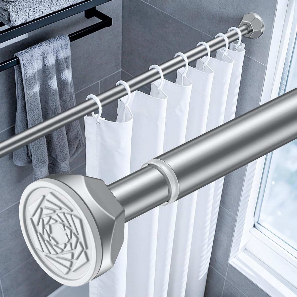 Stangen zonder boren, 82-204 cm, verstelbare douchegordijnstang, antislip veerspanningsgordijnstang, roestvrije roestvrijstalen douchestang voor badkamer, zilver, meervoudige stijl