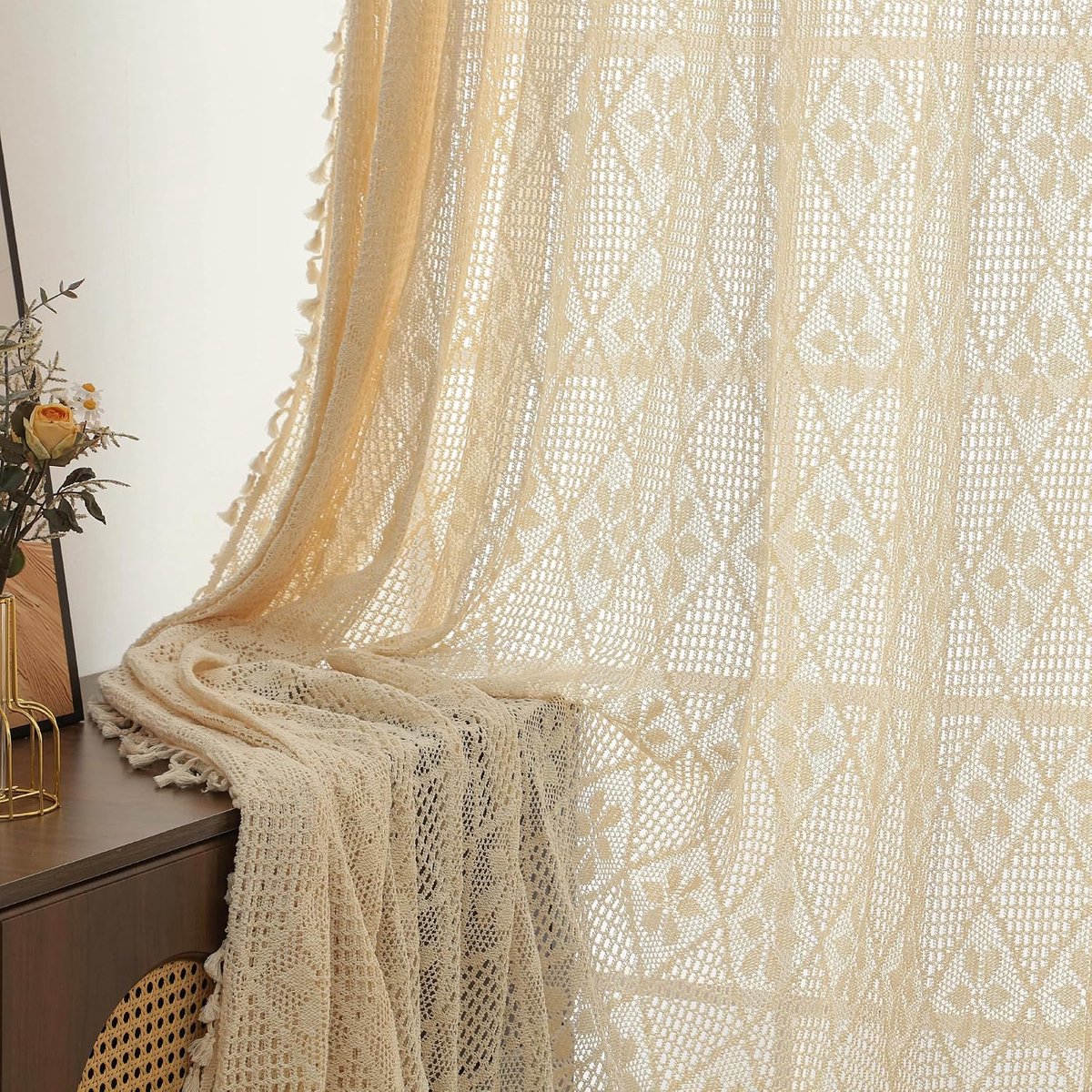 Gordijnen met plooiband, beige, gordijn met kwastjes, boho-gordijn, gehaakt, breien, plooiband, woonkamer, modern, voile, railsysteem, slaapkamer, gordijnen, set van 2, 150 x 230 cm