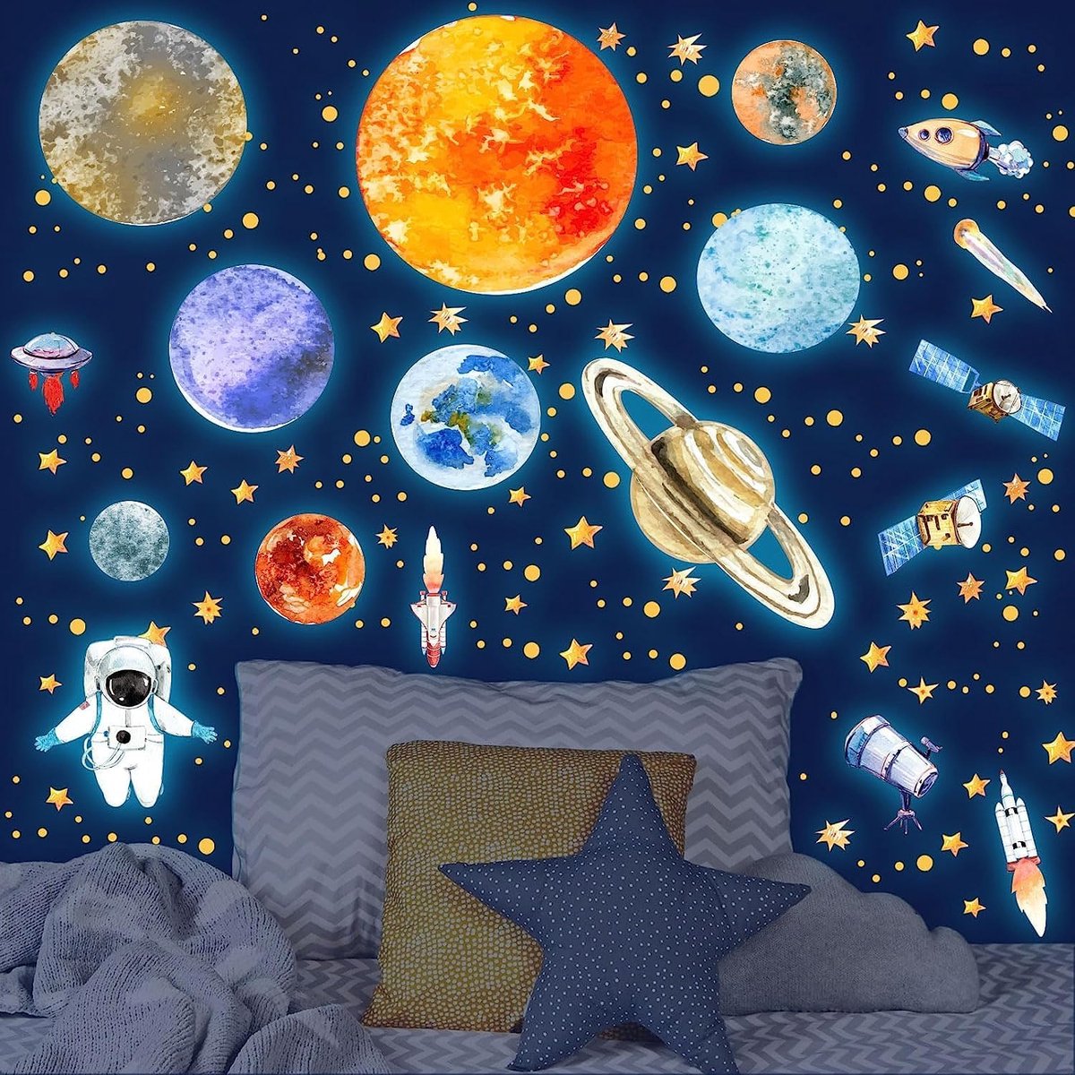 Muursticker, lichtgevende stickers, 9 planeten, sterren, astronaut, planeet, wandtattoo, lichtgevende sterren, zonnestelsel, fluorescerend
