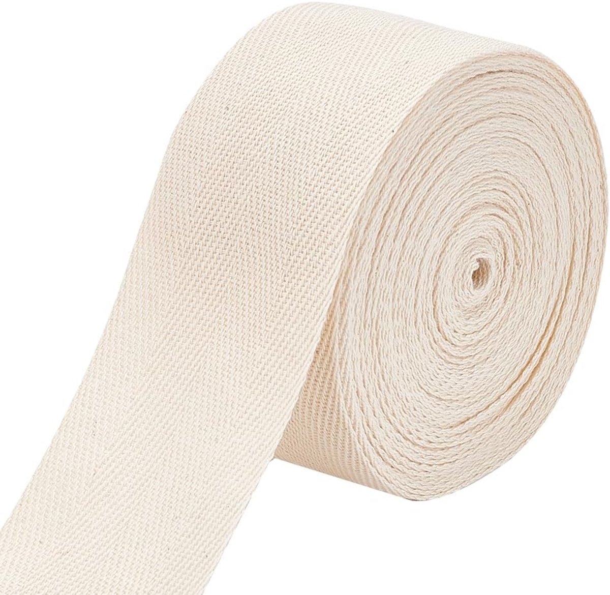 10 m beige katoenen band met visgraatpatroon, 50 mm brede zachte natuurlijke riemrol voor knutselen en naaien, stoffen tas met handvat, handtas