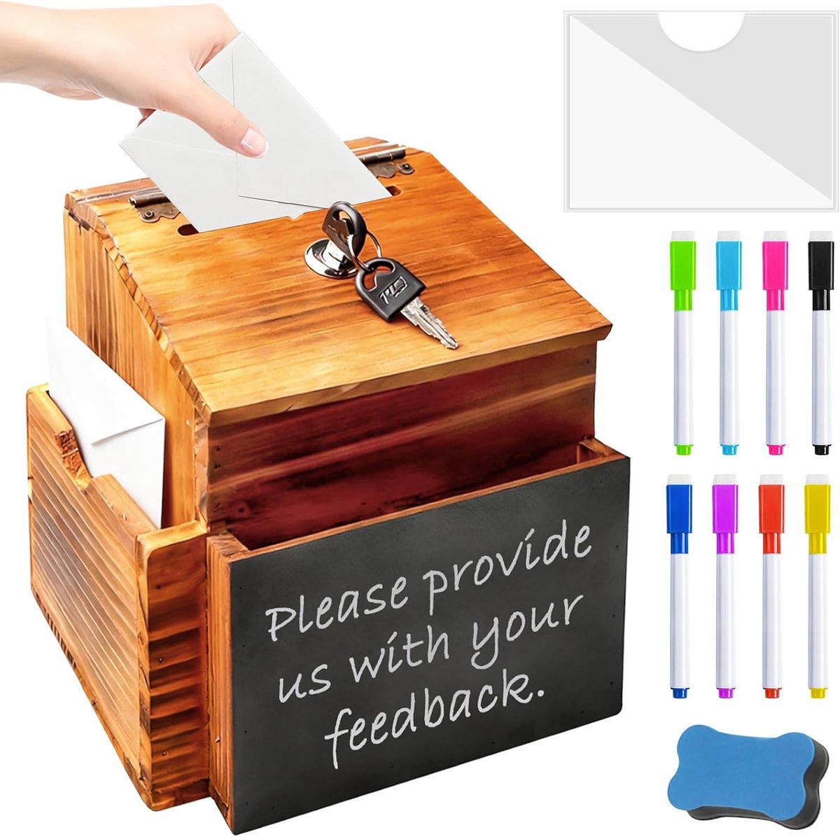 suggestiebox, 20,3 x 15 x 27 cm, afsluitbaar met 8-kleuren-krijtstift en niet-magnetische bordwisser, brievenbus hout voor school, kantoor, ziekenhuis, voorstel, donatie, stembriefjes