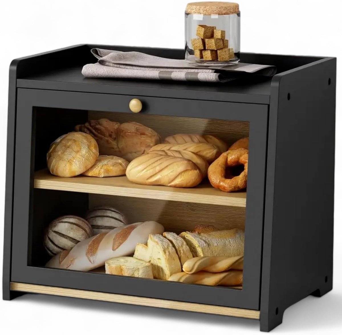 Broodtrommel zwart 2 etages, houten broodtrommel, brooddoos, grote broodopbergdoos, geschikt voor levensmiddelen, broodopslag 40 x 25 x 34 cm