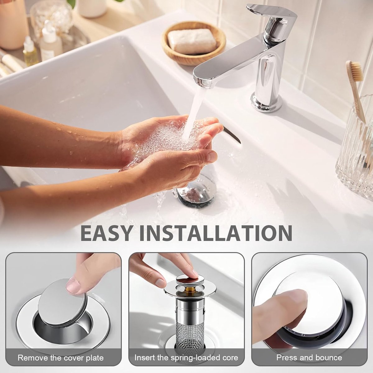 2 stuks wastafelstop, afvoerstop wastafel voor 34-40 mm afvoer, 304 roestvrij staal, pop-up afvoerzeef voor keuken, douche, balkon, badkamer, wastafel