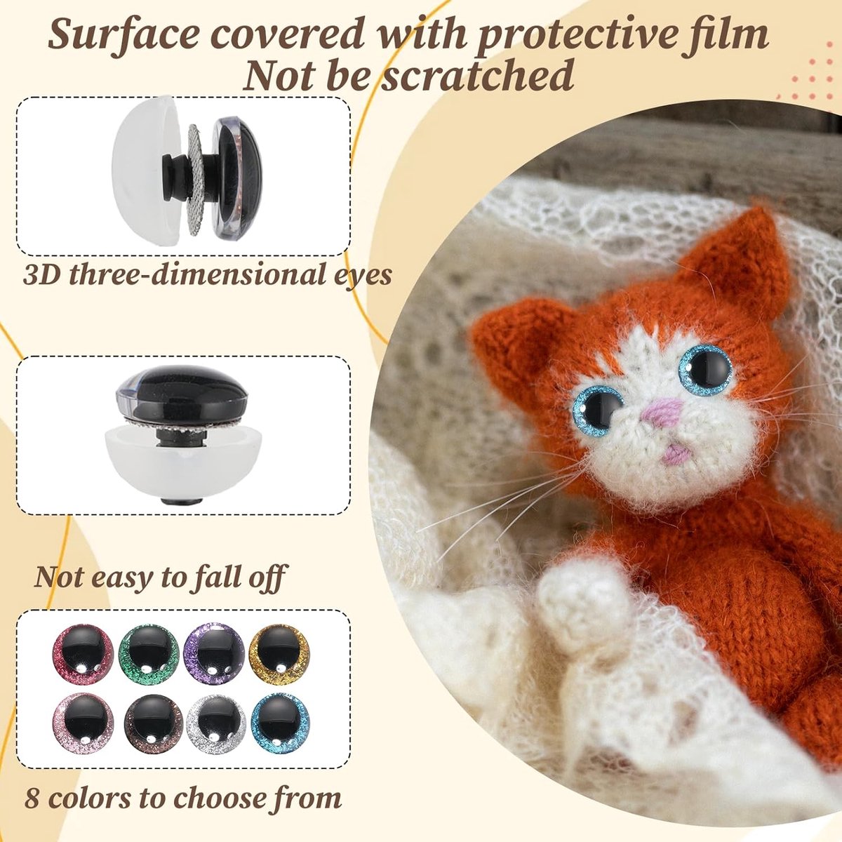 Ogen voor Amigurumi, 12 mm/16 mm/20 mm veiligheidsogen met sluitringen, kleurrijk glinsterend voor amigurumi en pluche dieren, doe-het-zelf knutselwerk (8 kleuren)