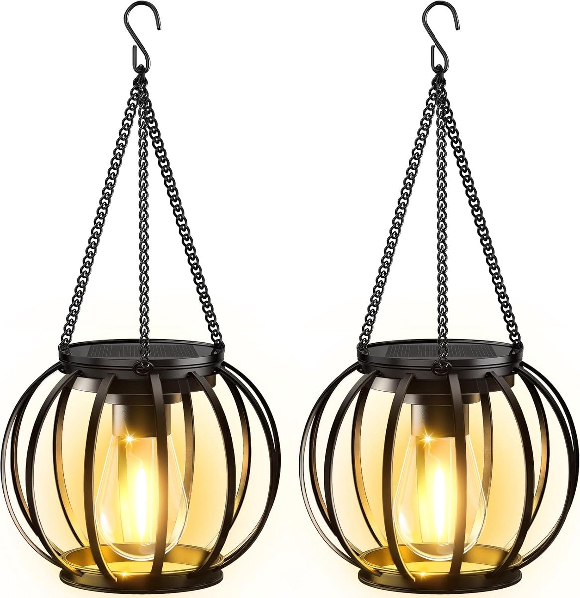solar lampen voor buiten opknoping, 2 stuks metalen solar lantaarns voor buiten met grotere LED-lamp, IP65 waterdichte solarlampen tuindecoratie met haak en ketting voor terras gazon