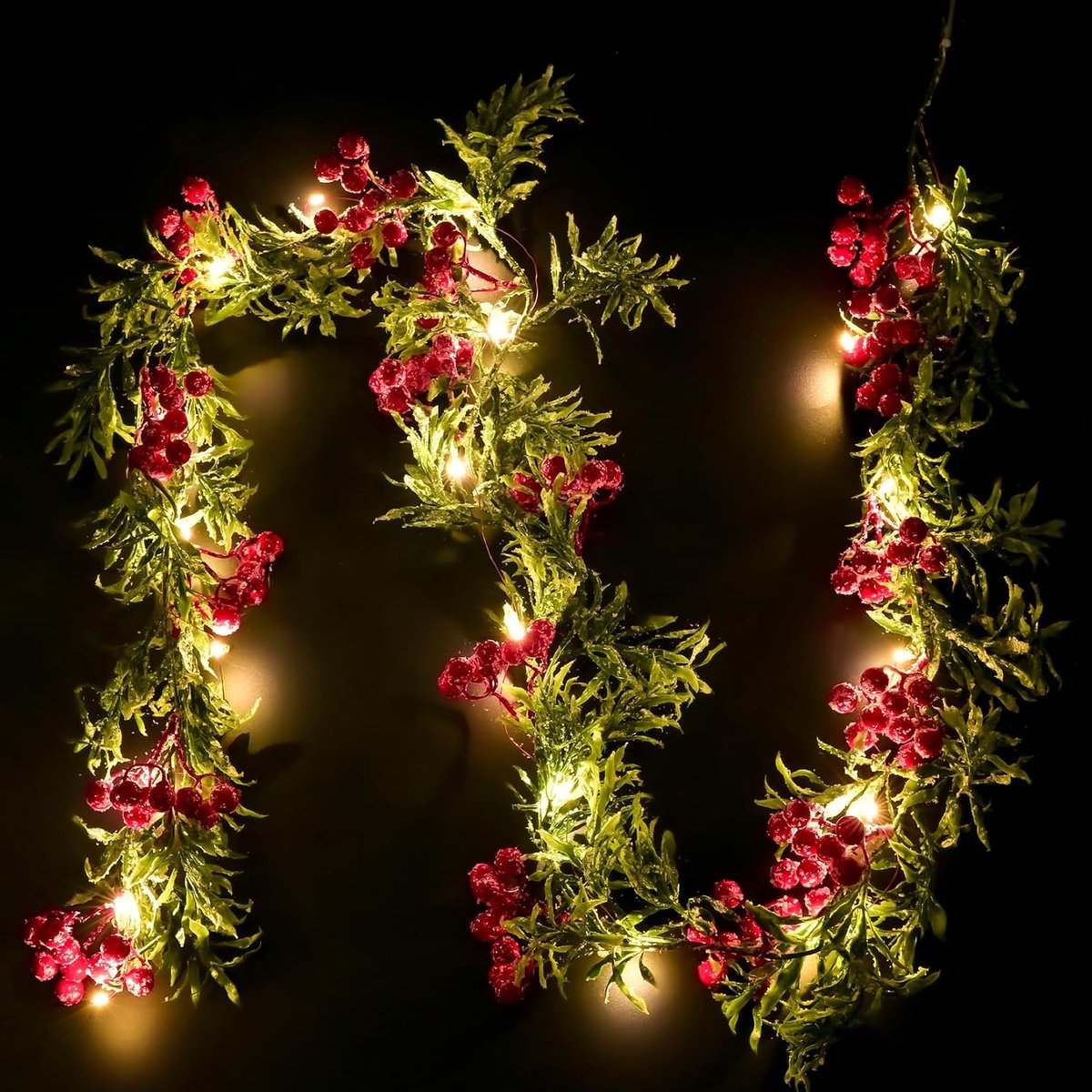 decoratie, slinger, kerstslinger met verlichting, 2 m lichtketting, 20 leds, 63 rode bessen, voor seizoensdecoratie, woonkamer (stijl A)