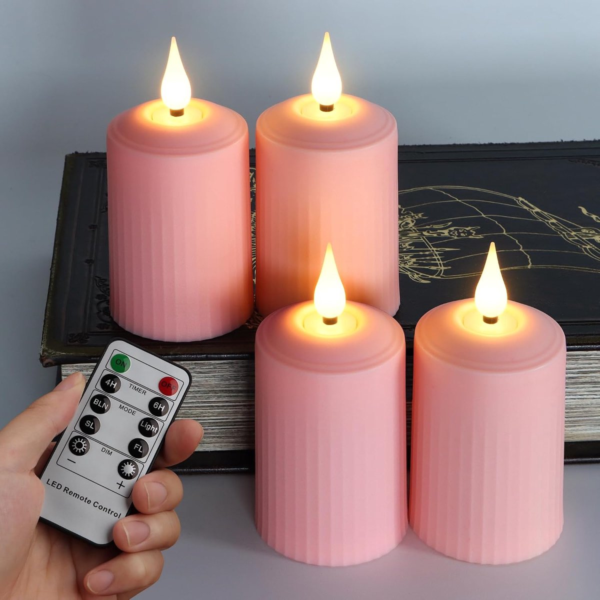 Set van 4 roze led-kaarsen met timerfunctie, afstandsbediening, flikkeren, outdoor, werkt op batterijen, stompkaarsen, warmwit, vlamloze adventskrans, decoratie, 350 uur, diameter 5 x 10,5