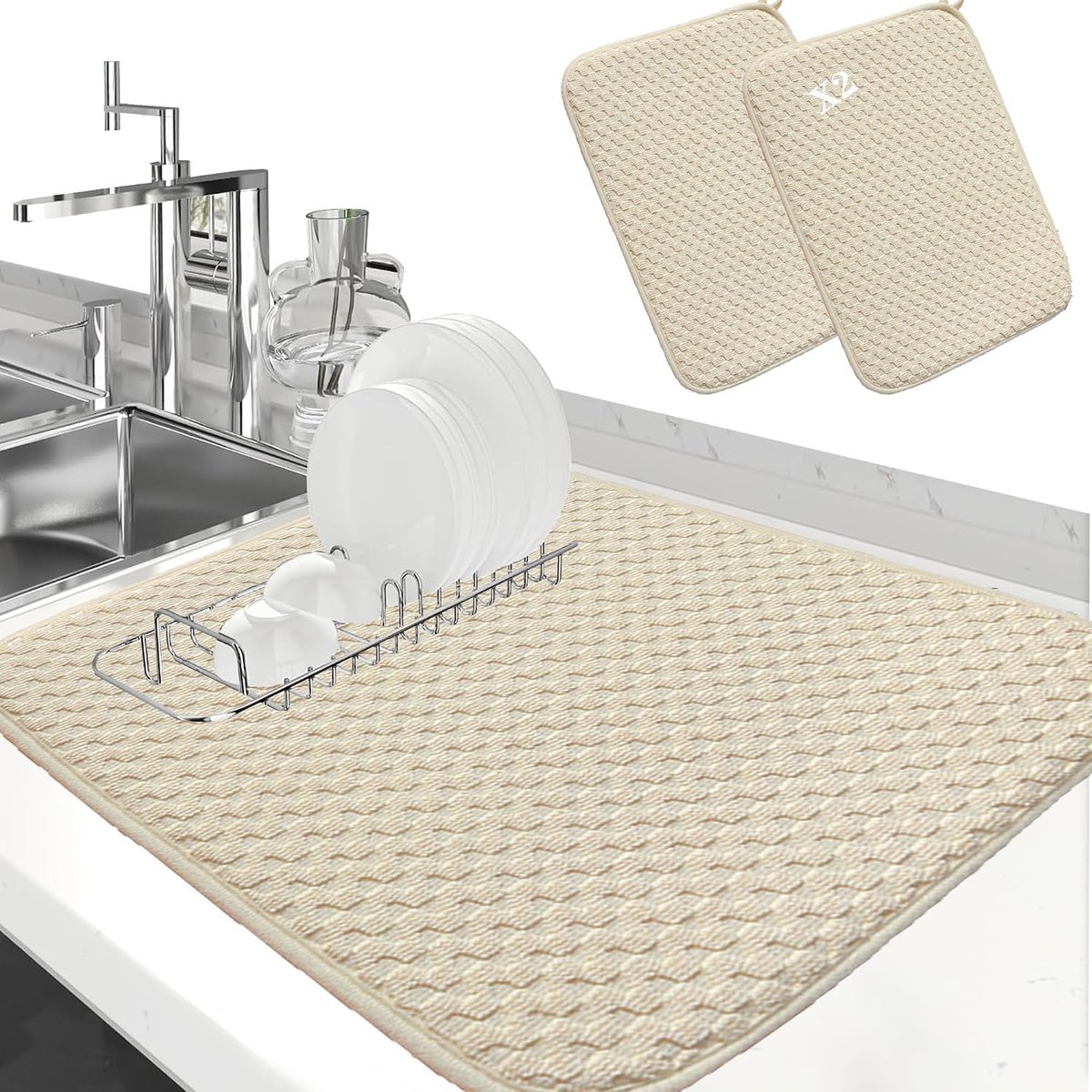 2 stuks absorberende afdruipmat, mat voor het drogen van servies, sponsmat voor de keuken, absorberende mat voor het wassen van glazen, borden en kopjes, spoelbakken en servies, 30 x 40 cm