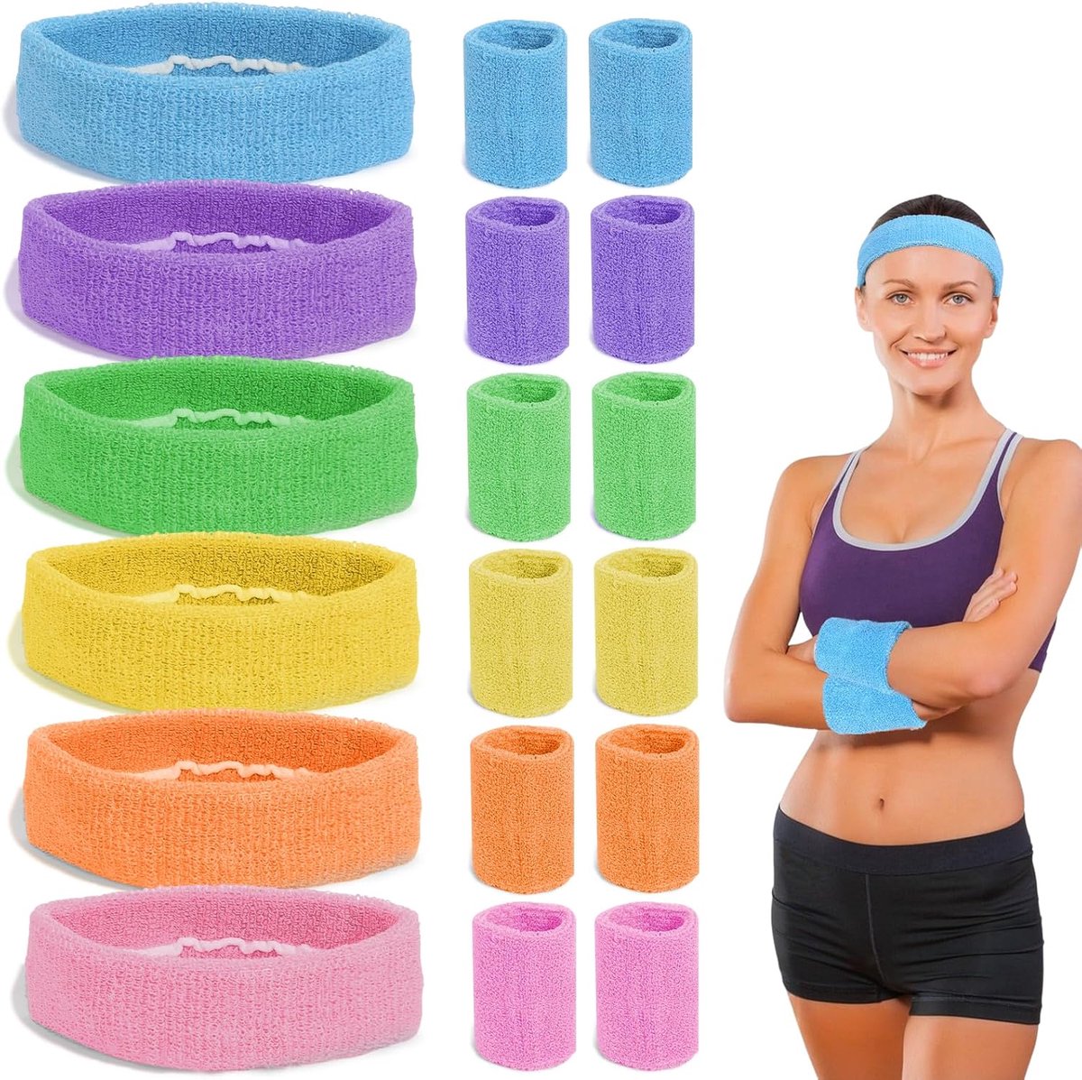18 stuks zweetbandenset neon jaren 80, 6 kleuren zweetbanden met 12 polszweetbanden, hoofdband jaren 80 heren dames voor basketbal tennis fitnessstudio jaren 90 themafeest carnaval