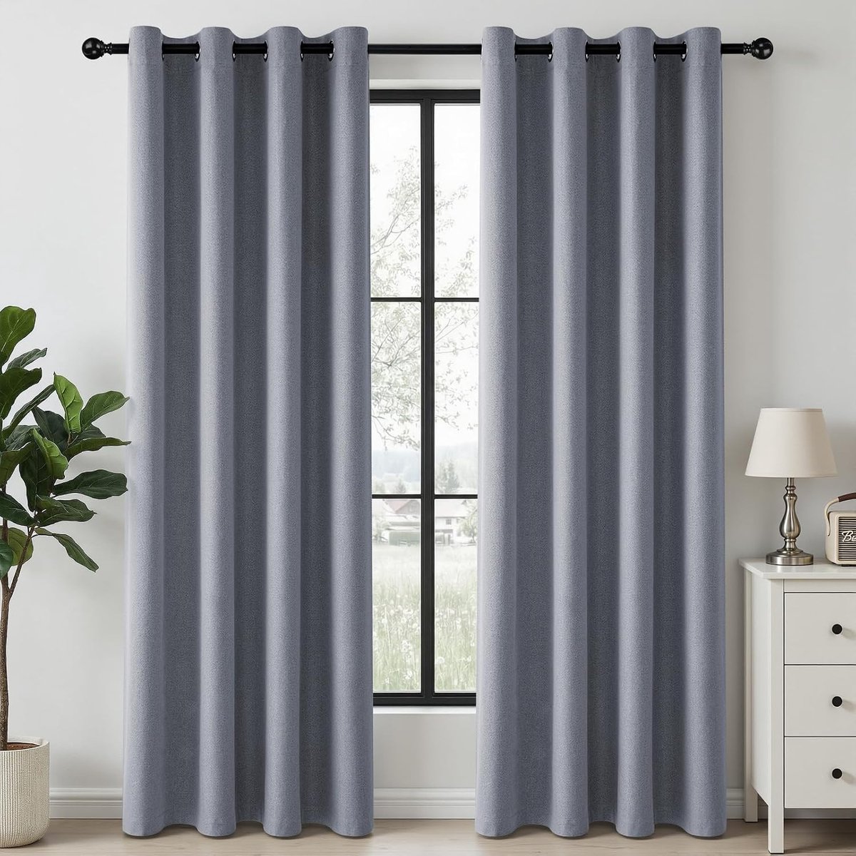 100% verduisterend, linnenlook, H 220 x B 140 cm, Steengrijsblauw thermogordijnen met oogjes, set van 2 voor slaapkamer, woonkamer en kinderkamer