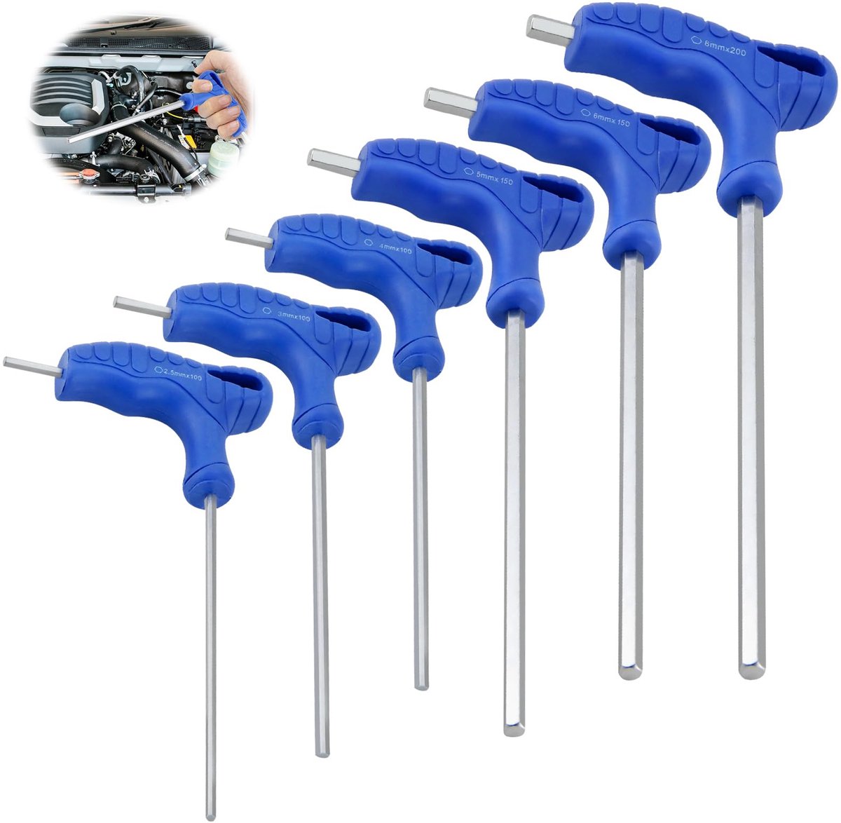 T-greep sleutelset, stiftsleutelset met dwarsgreep, 6-delig, metrische T-greep, schroevendraaierset 2,5-8 mm, professionele inbussleutelset, klein, netjes met houder, T-greep