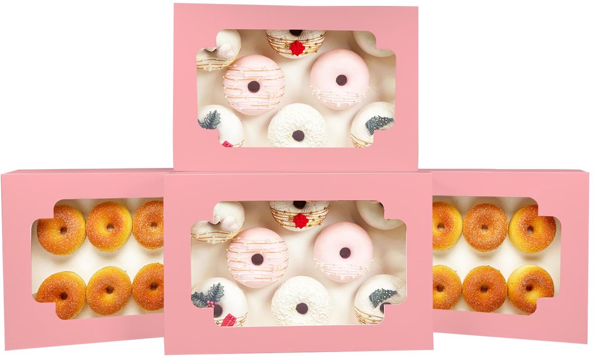 Roze koekjesdoos met automatisch pop-up-venster, 30,5 x 20,3 x 6,3 cm, 6 stuks, twee toepassingen, voor een seconde, gebak, koekjes, bakkerij, verpakkingsdoos (12 x 8 cm)