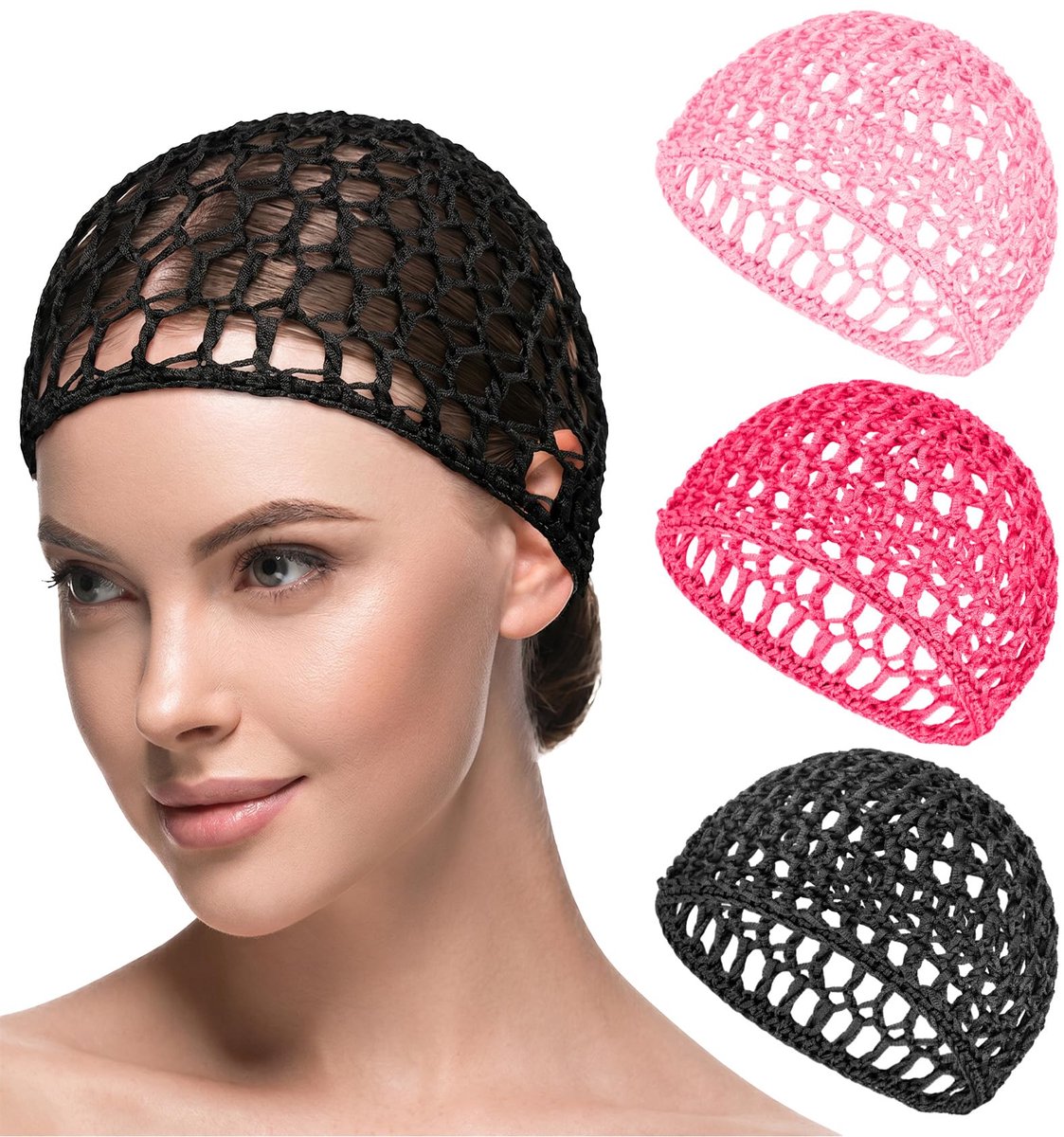 Haarnetje om te slapen, mesh haarkap om te slapen, zachte haarkap voor krulverzorging en natuurlijke haarkrullen, ademende nachtmutsen (zwart, roze, roze)