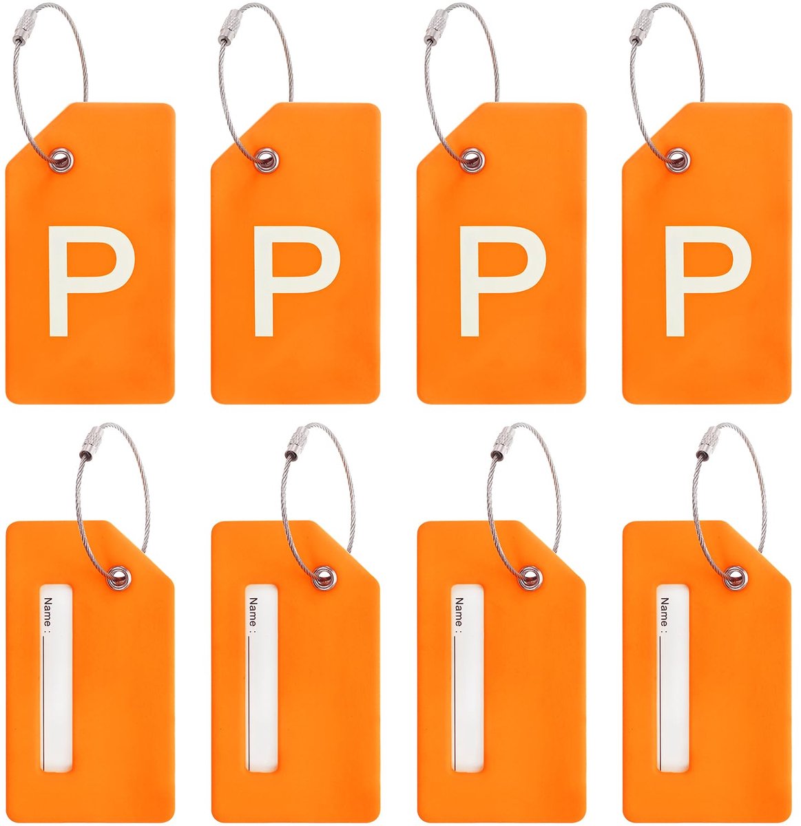 PATIKIL Initiële bagagelabels, 8 stuks siliconen kofferlabel identificatie ID-kaarthouder unieke bagagelabels met roestvrijstalen lus, letter P, oranje