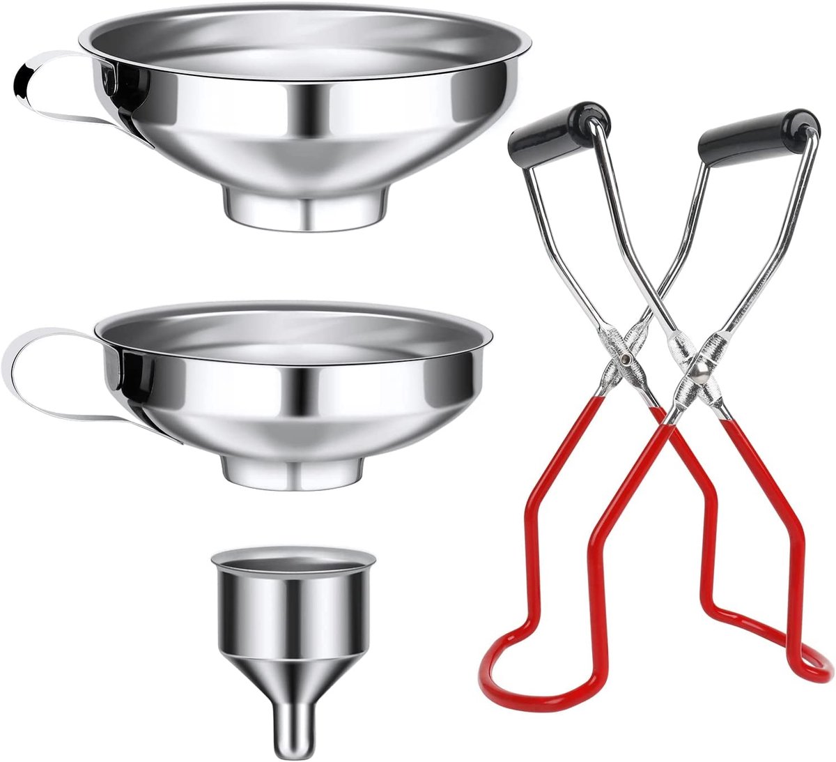 roestvrij staal, 4 stuks, jamtrechters, vultrechterset met handvat en glazen lifter, inmaaktrechter voor het overvullen van specerijen, vloeistoffen, poeder, bonen, jam