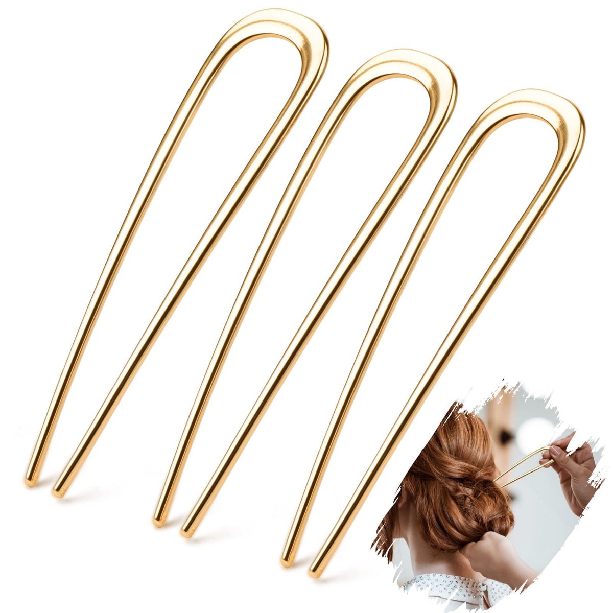 3 Stuks Franse Haarspeld Metaal 14 cm/5,5 Inch U-vormige Haarvork Gouden Haarspelden Grote Opgestoken Pin voor Vrouwen Meisjes Alle Kapsel Decoratieve