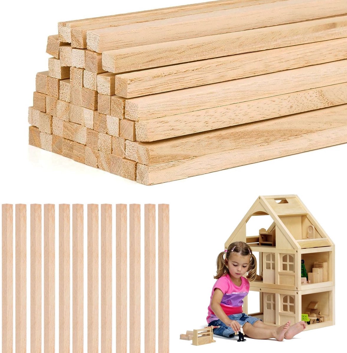 58 stuks houten latten om te knutselen, vierkante natuurlijke houten stokjes om te knutselen, 30 x 6 mm x 6 mm, vierkant, knutselhout stokken voor doe-het-zelf handwerk, doe-het-zelvers
