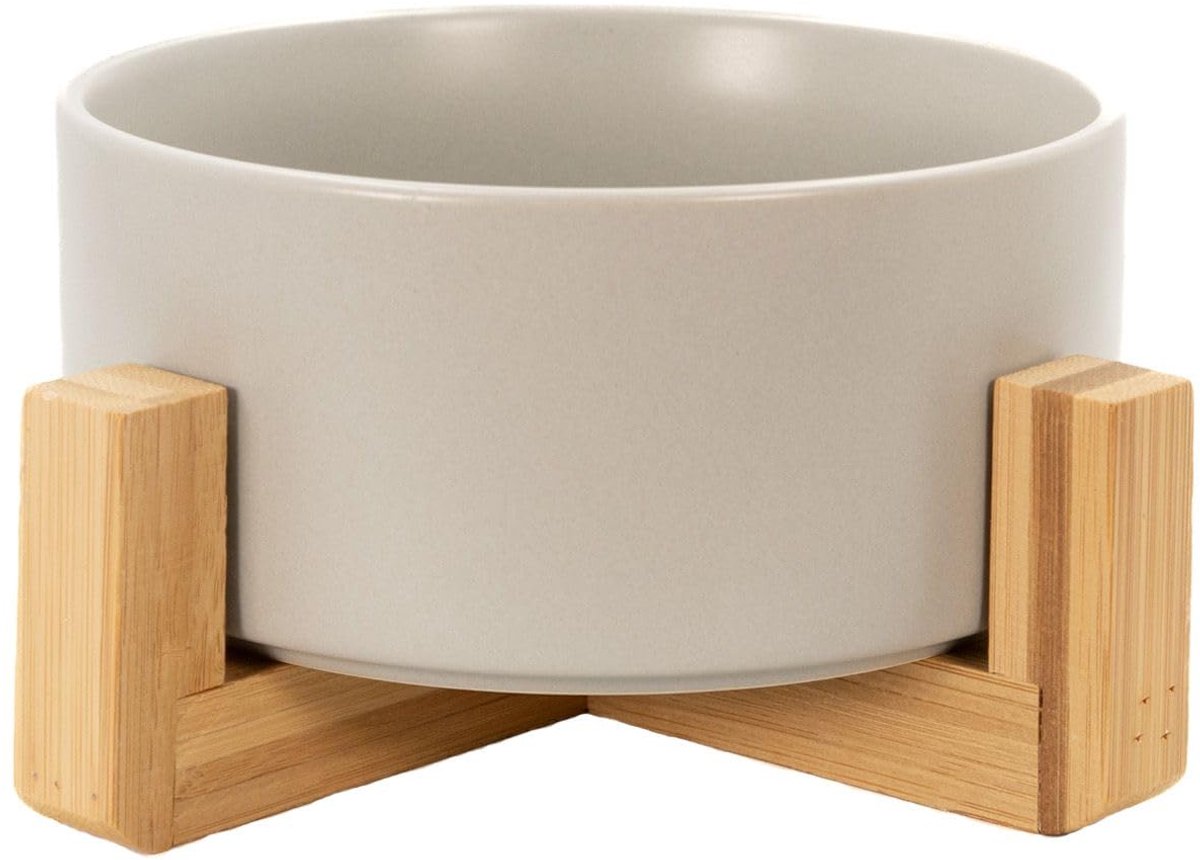 Etensbak keramisch met rekje in Grijs - Totale afmetingen 20.5 x 8.5 cm - Bak 15.5 x 6.5 cm - Inhoud van 800 ml - Voerbak, waterbak voor honden en katten met bamboehouder