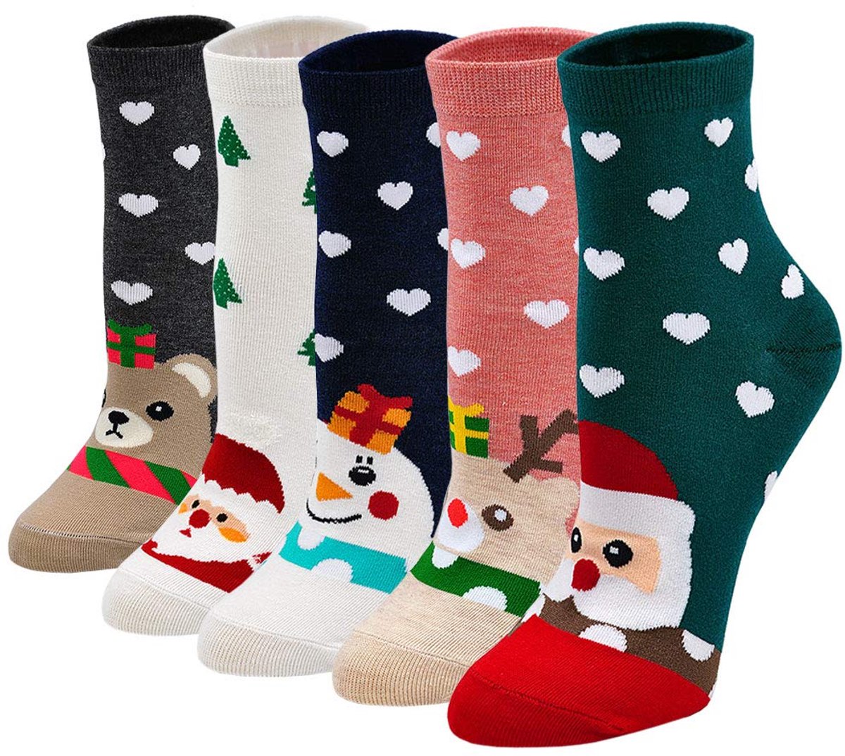 Dames Katoenen Kleurrijke Sokken: Fantasie Kleuren Leuke Sokken Grappige Sokken met Cartoon Diermotief Leuke Koele kerstcadeau EU 35-41, 5 paar