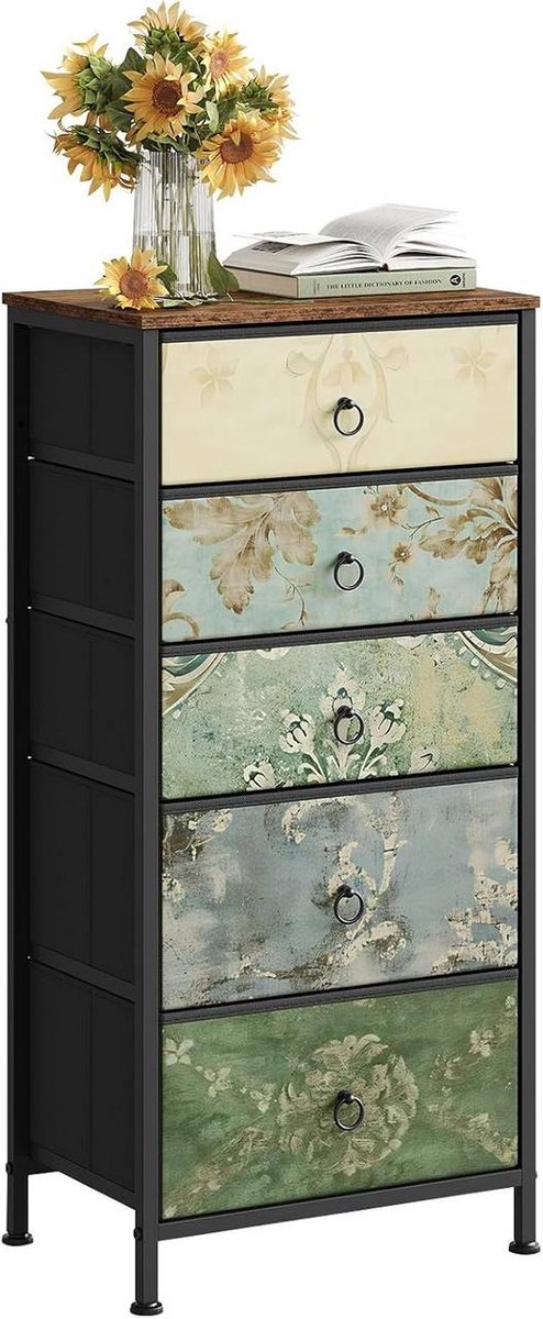 SureDeal® - Ladekast - Stoffen laden - Dressoir - Metalen - Vintage bloemmotief - 45,5x30x95,5 cm - Rustiek bruin