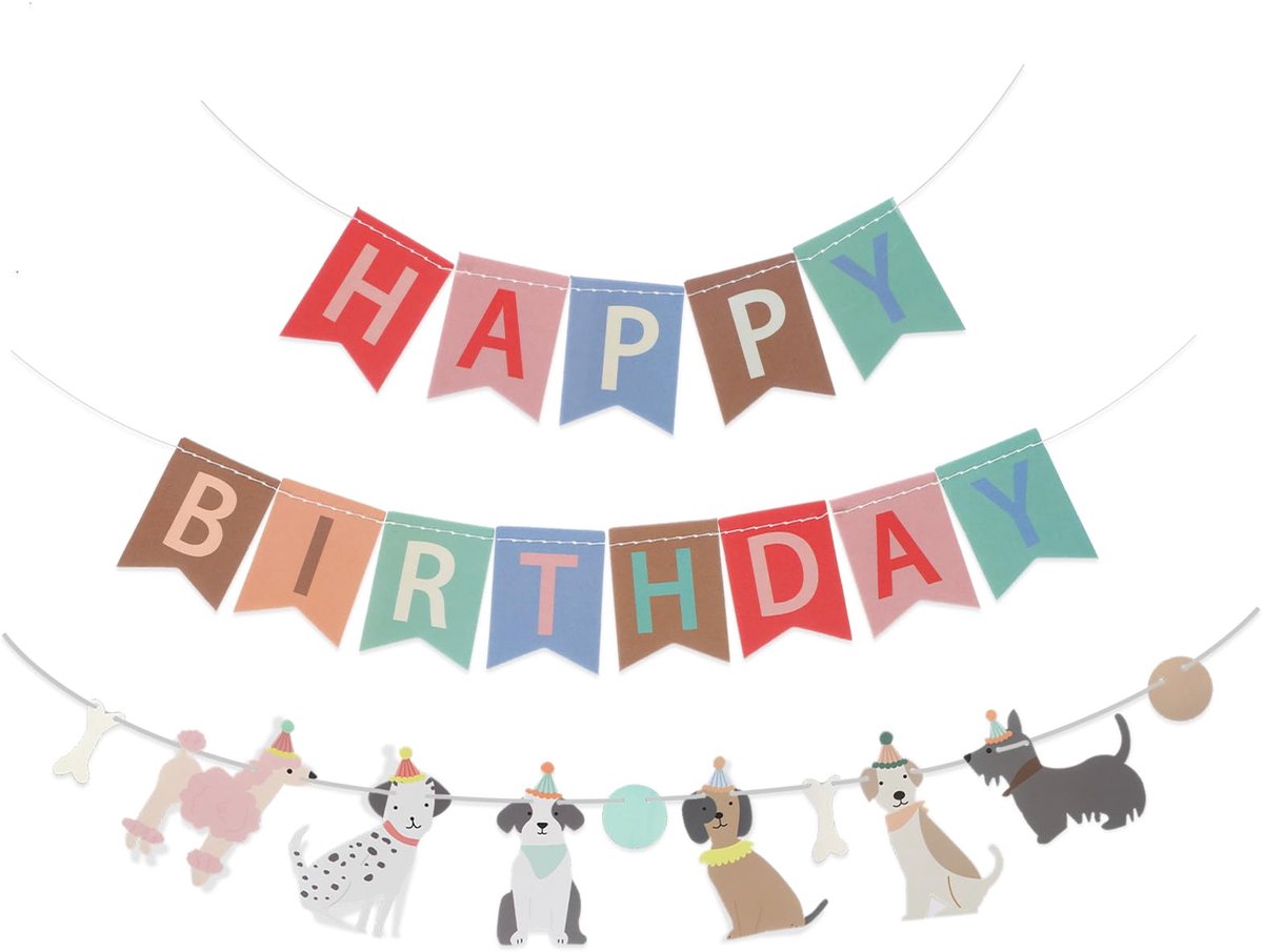 Happy Birthday-bannerset, banner met hondenmotief, Happy Birthday-achtergrond, kleurrijke decoratie, feestaccessoires voor kinderen, baby's en honden (stijl A)