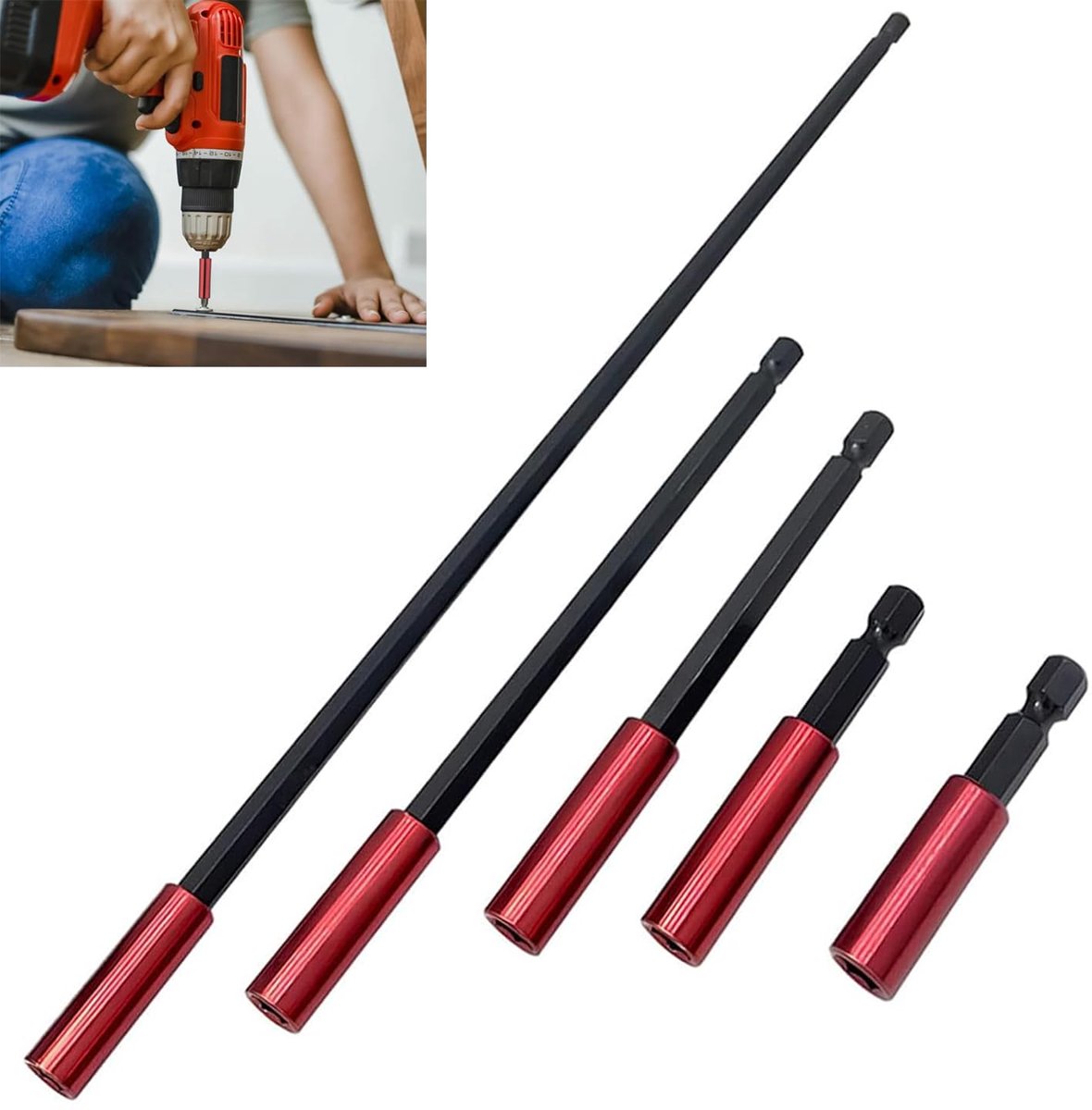 5-delige magnetische bithouder, lange magnetische bithouder, extra sterk, 50/60/100/150/300 mm, 1/4 inch zeskantige schacht, bitopname, slagschroevendraaier voor slagschroevendraaiers