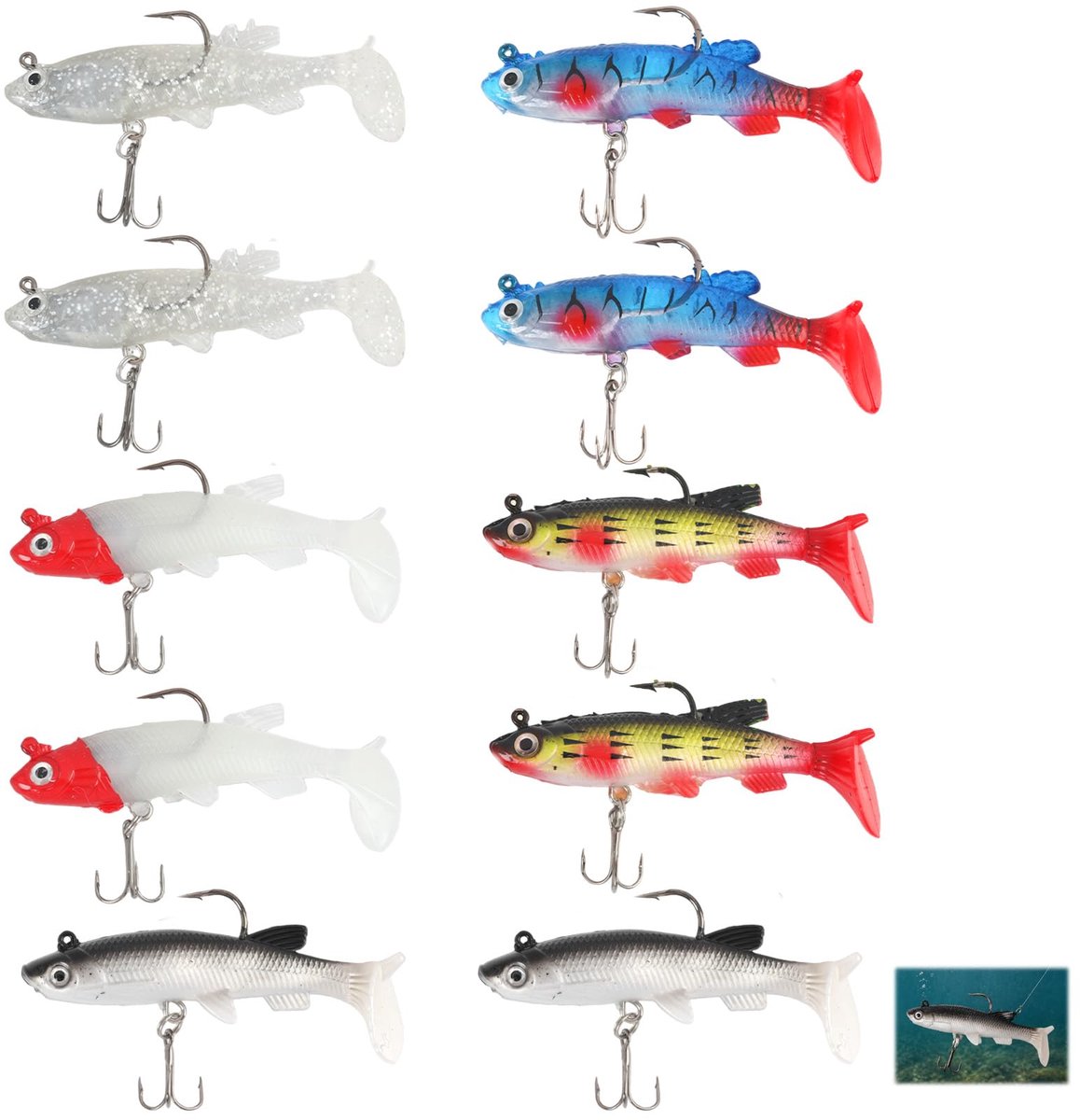10 stuks zacht aas, visaas voor roofdieren, zalm en roofdieren voor forel, snoek, aas van realistisch siliconen met levende zwemactie, 3D bionische ogen, aas met haken