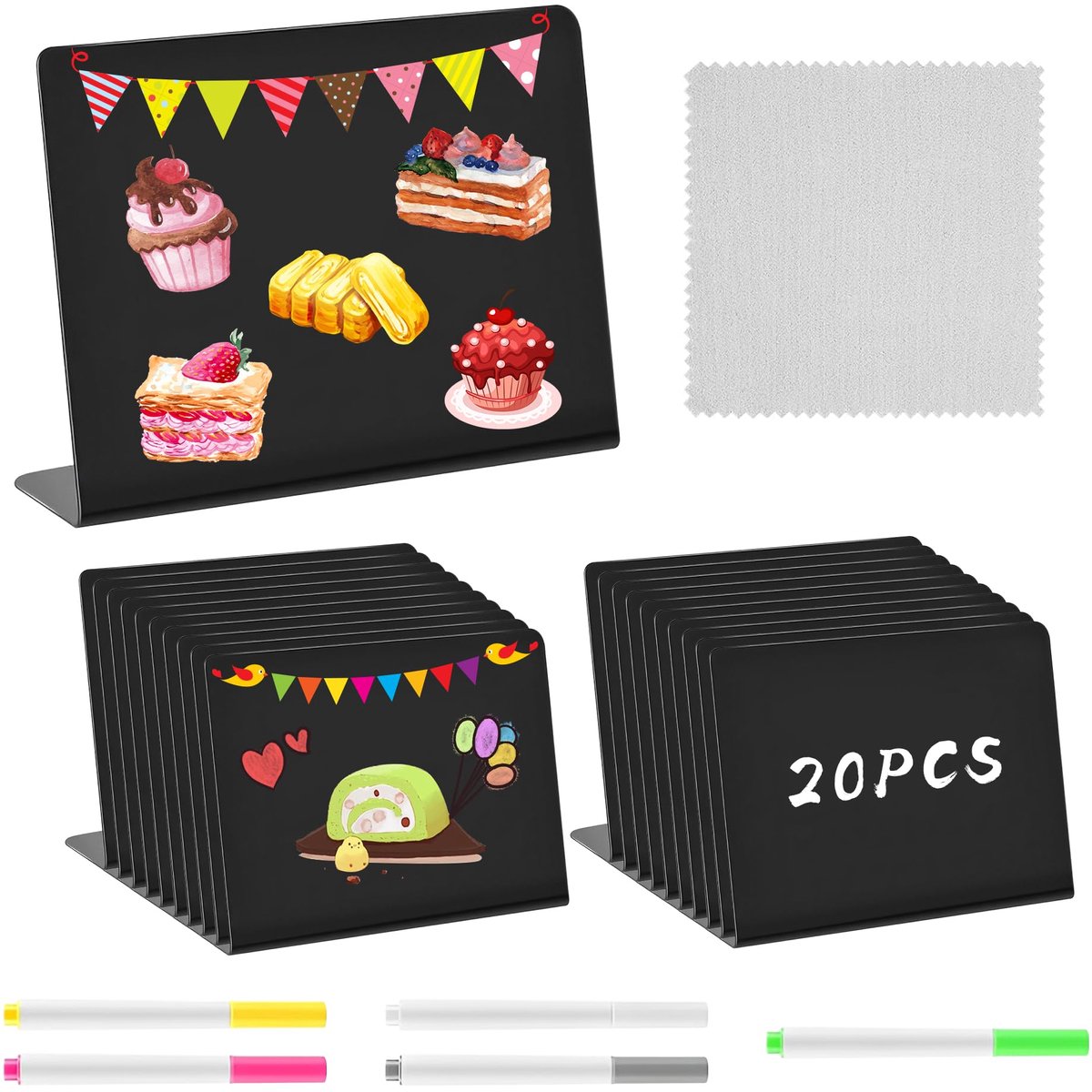 Krijtborden, klein buffet, bord met 5 krijt, kleine borden om te beschrijven, tafelkaarten voor buffet, bruiloft, feest, prijskaarten, café, 7,5 x 10 cm