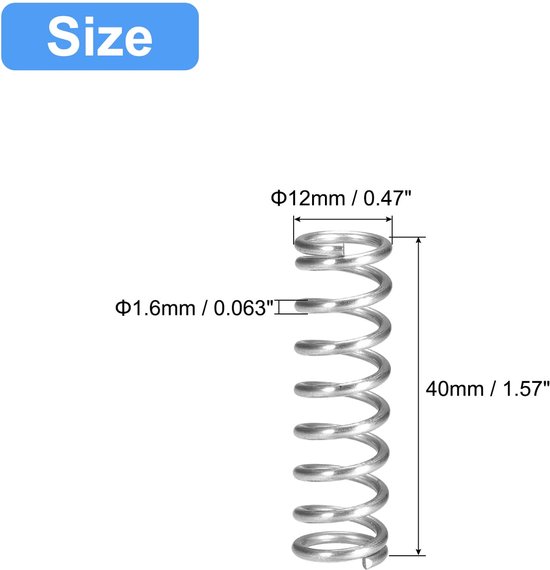 Drukveer, 5 stuks 304 roestvrij staal, 12 mm OD, 1,6 mm draadgrootte, 40 mm vrije lengte, zilverkleurig — afbeelding 5