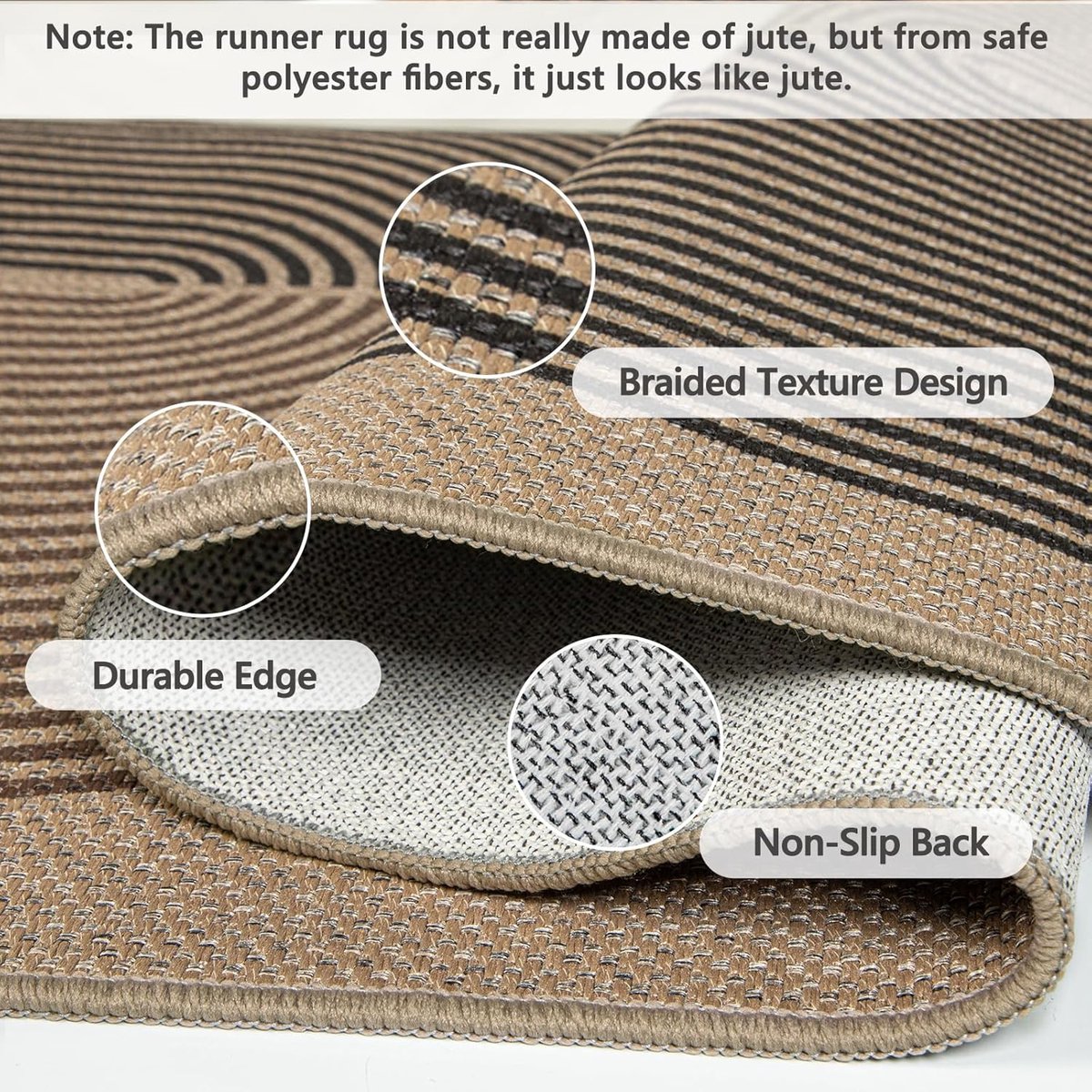 SnelShoppen - Capslpad Vloerloper Hal 80 x 300 cm Jute Look Wasbare Tapijt Zwart Bruin Antislip Keuken Loper Slaapkamer Balkon