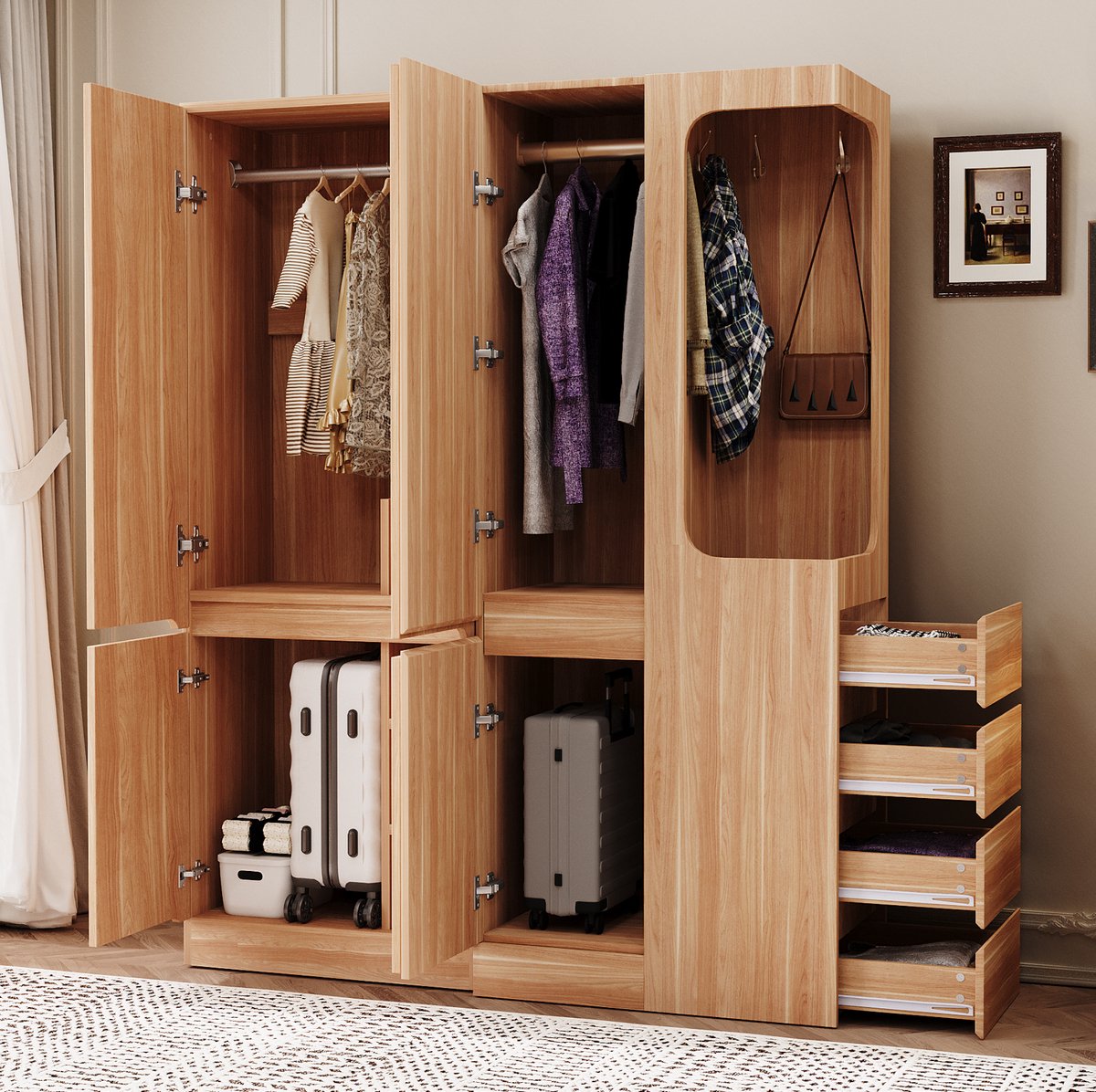 Wishdor - Kledingkast - 2-delige opbergkast met lades en hanggedeelte - Scandinavische stijl - Slaapkamer - Houtlook natuurlijk hout - 140 x 40 x 170 cm