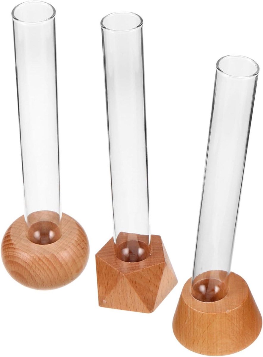 Glazen Bloemenvaas - Hydrocultuur Vaas - Planten Vermeerderen - Hout en Glas - 3 stuks - Beige
