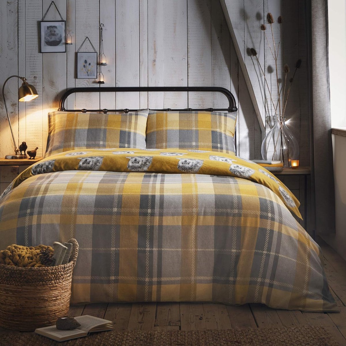 SnelShoppen - Dekbedovertrek met Egel - Enkel Bed 140 x 200 cm - Zacht 100% Geborsteld Katoen - Omkeerbaar Design - Geel Grijs Ruit Patroon en Schatti