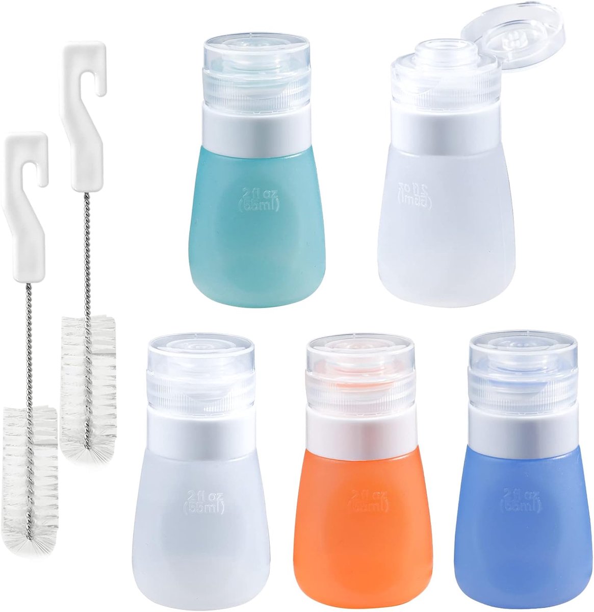 SnelShoppen - 5-Pack Mini Saladedressing Containers - 2 oz Leakproof Silicone Squeeze Flessen met 2 Reinigingsborstels - Perfect voor Camping, Picknic