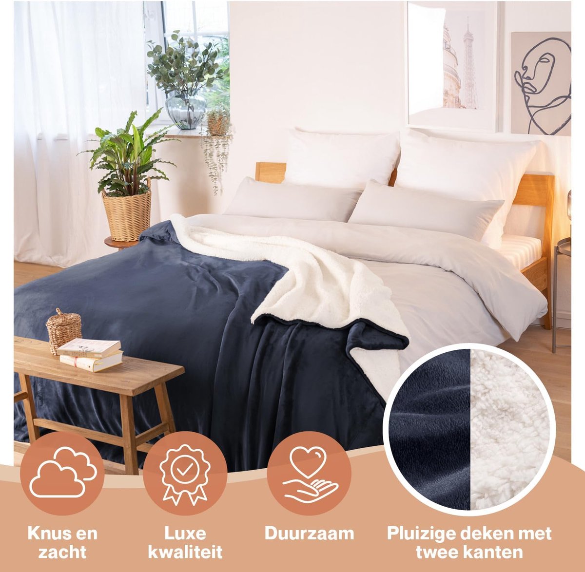 SnelShoppen - Fluffy Sherpa Dekentje - Zachte Fleece Deken 150x200 cm - Diepzee Blauw, Perfect als Bankbedekking, Bedsprei of Woonkamer Deken