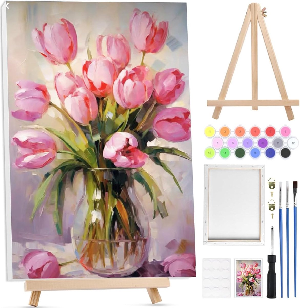 SnelShoppen - Schilderen op Nummer voor Volwassenen met Roze Bloemen, Canvas met Houten Easel, Acrylverf Doe-Het-Zelf Schilderkit voor Beginners