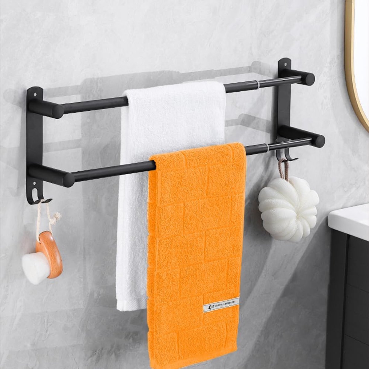SnelShoppen - Verstelbare Handdoekrails 43-78cm RVS Handdoekrekken met Haken Wandgemonteerde Handdoekhangers voor Badkamer Keuken, Zwart (2-Laags)