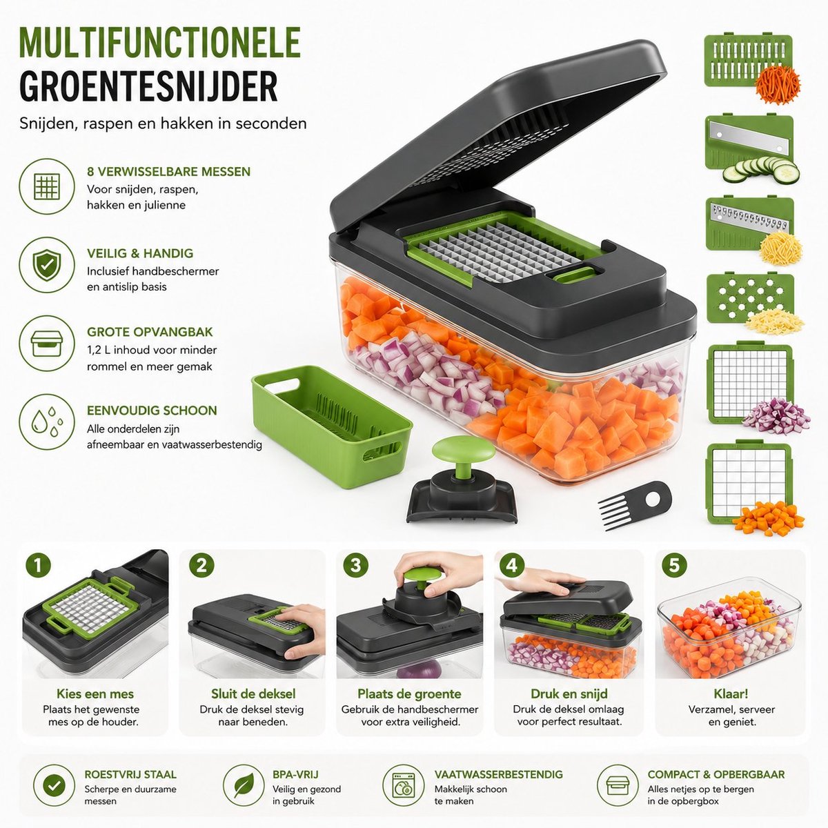 Arvion 7-in-1 Groentehakselaar Snijmachine – 1300 ml, Magnetronbestendige Container, BPA-vrij, Vaatwasmachinebestendig, Multifunctionele Voedsel Cutter voor Aardappel, Ui en Salade