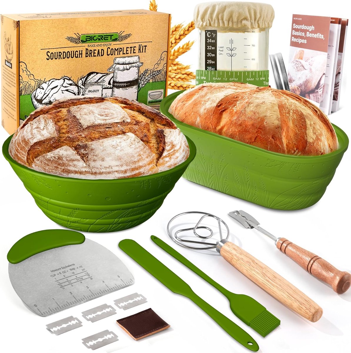 SnelShoppen - Complete Cooking Basket Set - 23cm Ronde & 26cm Oval Silicone Broodbak Set - 800ml Zuurdesem Starter Kit - Inclusief Bakaccessoires - Id
