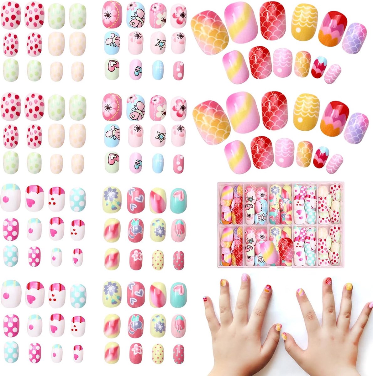 SnelShoppen - 120 Stuks Zelfklevende Valse Nagels voor Kinderen, Korte Nagels met Speelse Patronen, Perfecte Nagelkunst Decoratie voor Meisjes, Ideaal