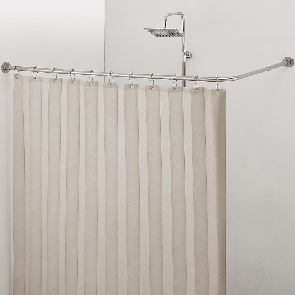 SnelShoppen - L-vormige douchegordijnstang 61-94 cm x 61-94 cm, gebogen roede met 12 ringhaken en plafondsteun, roestvrij staal, geen doorhangen, idea