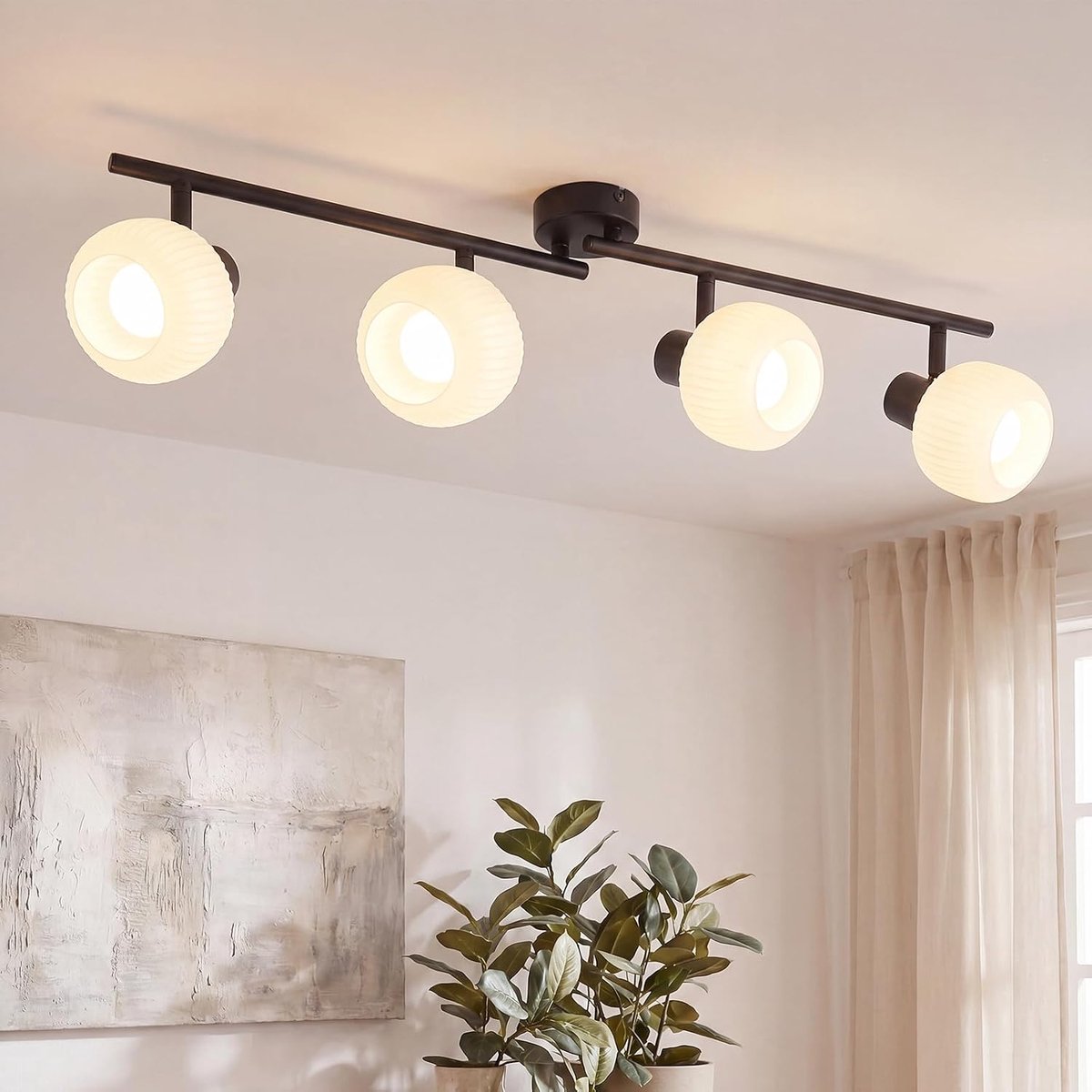 SnelShoppen - Deckenstrahler 4-Flame Zwart Vintage Design Plafondlamp met Glas, 350° Draaibare Spotlights voor Woonkamer, Slaapkamer, Gang (zonder Lam