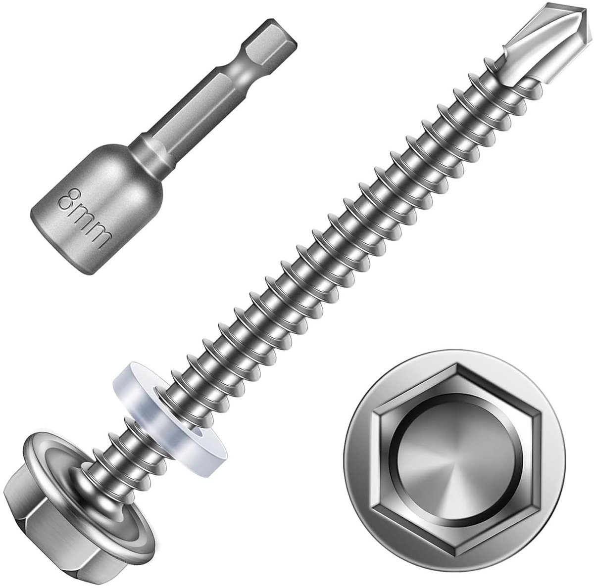 SnelShoppen - 25pcs Zelfborende Schroeven 6.3 x 75 mm RVS Hex Schroeven met Sealing Ring en Steeksleutel voor Trapeziumplaten, Perfect voor Dakbedekki