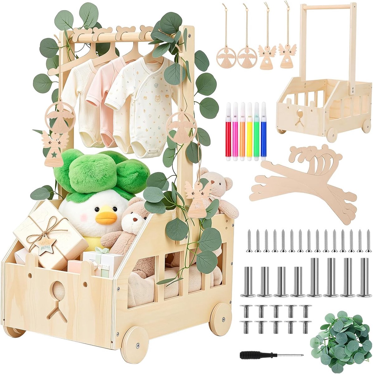 SnelShoppen - Baby Shower Gift met Houten Baby Basket op Wielen, Multifunctionele Diaper Basket met Handvat, Bear Kledinghangers, Decoratieve Bladeren
