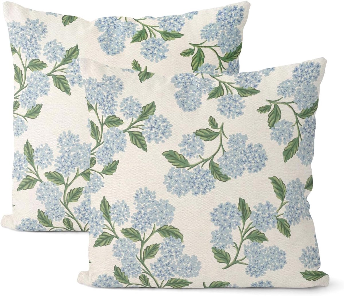 SnelShoppen - 2 Stuks Zomer Kussenhoezen, Blauw Groene Hortensia Print, Vintage Bloemenpatroon Decoratieve Kussens Voor Bank, Tuin, Buiten, 45x45 cm