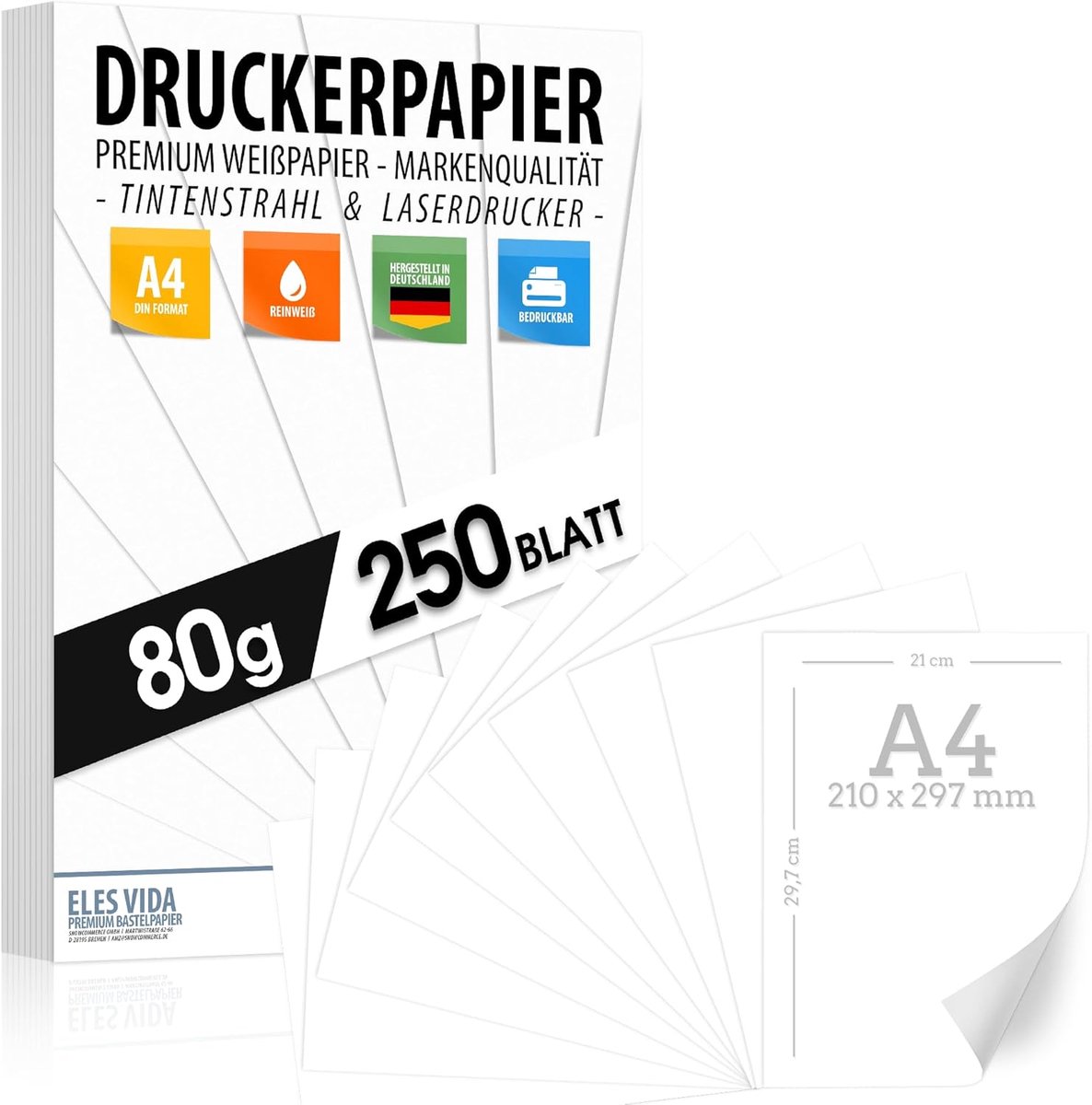SnelShoppen - Printerpapier A4 250 Vel 80g Premium Wit, Perfect voor Laser en Inkjet, Ideaal voor Rapporten, Presentaties, Fotografie en Creatieve Pro