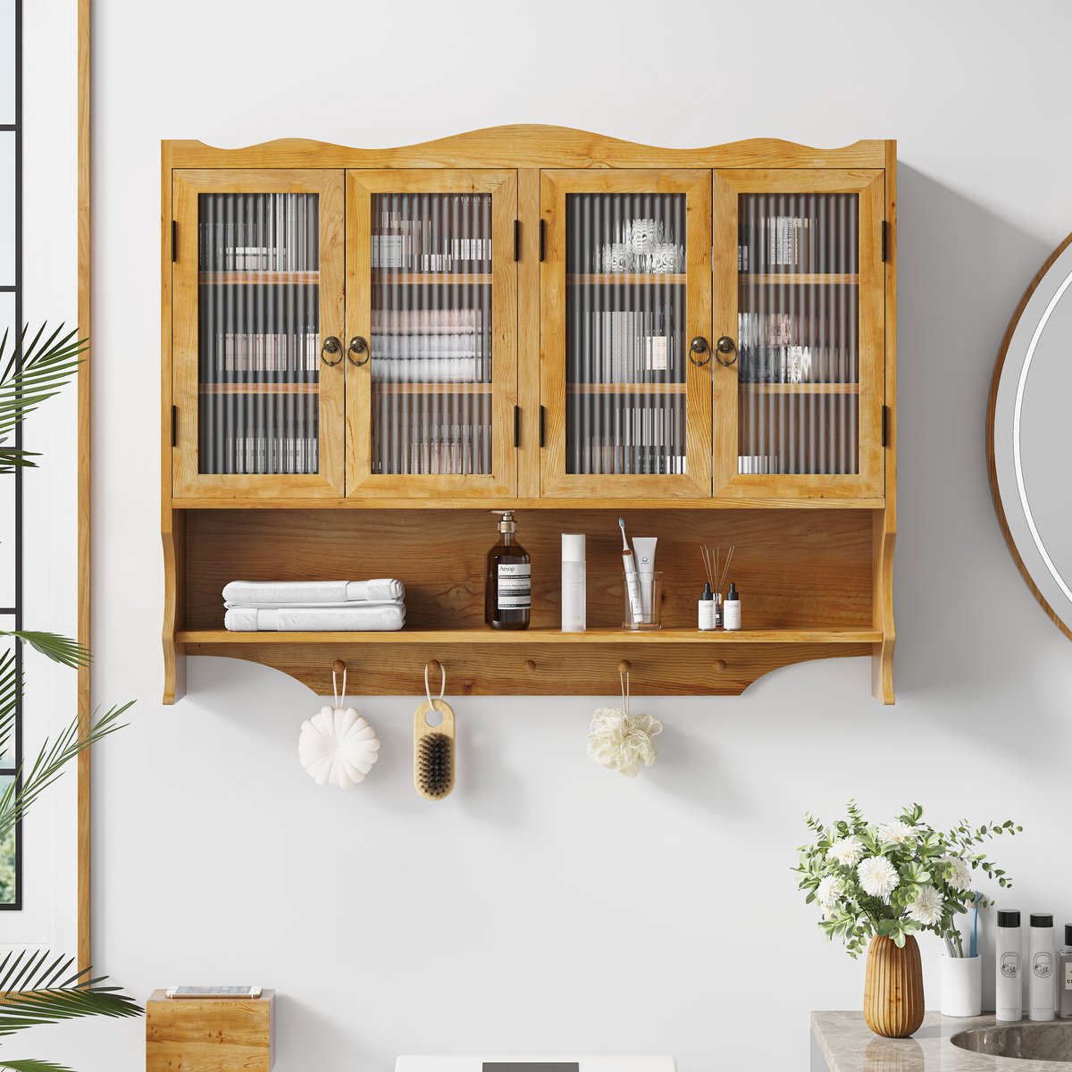 Wishdor - Wandkast - 4 deuren met open haakrek - Retro - Voor badkamer, keuken of eetkamer - Massief hout en glas - Naturel - 100 x 20 x 80 cm