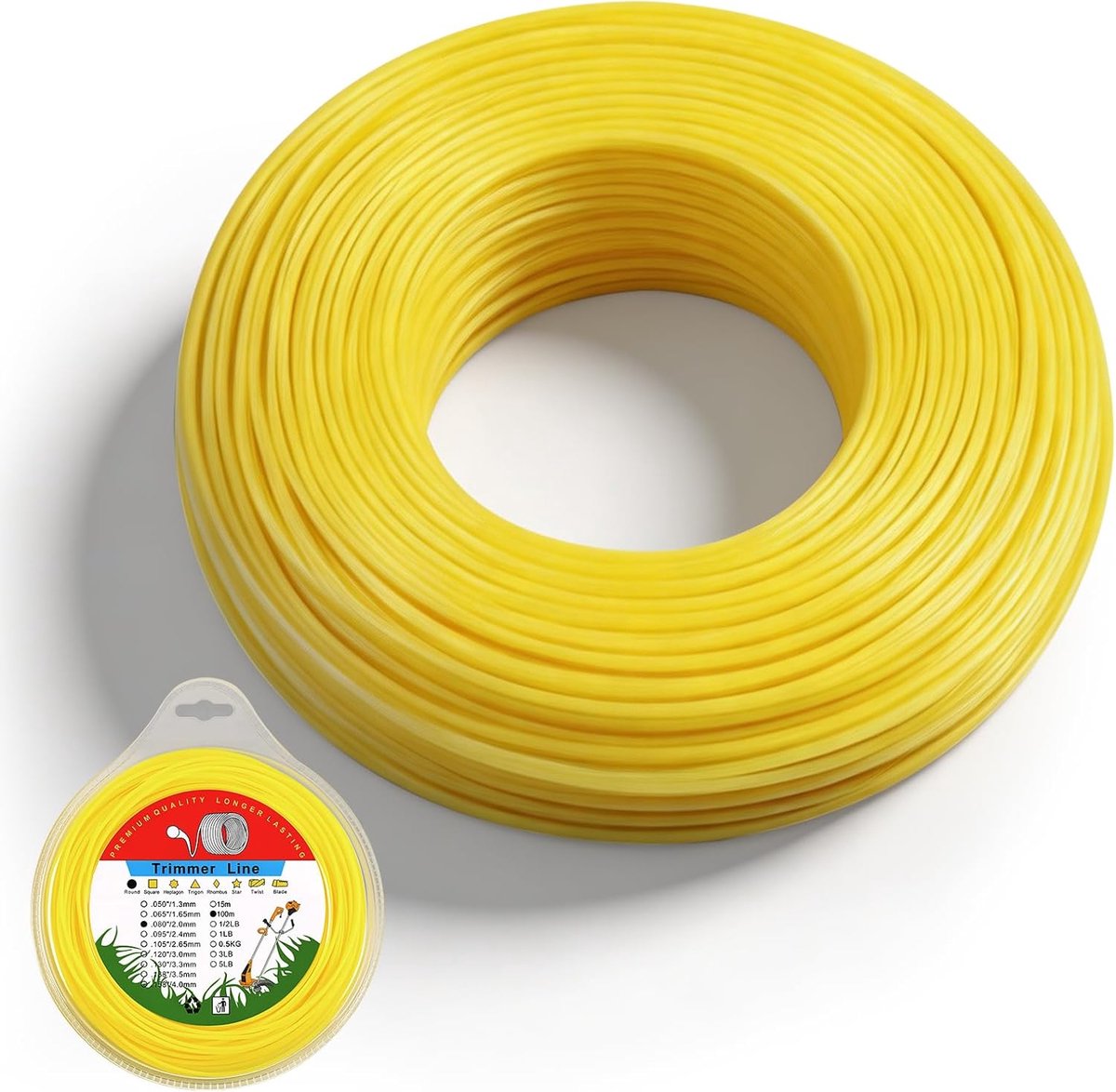 SnelShoppen - 2mm Ronde Trimmerdraad met Opbergdoos, Professionele Nylon Grastrimmerdraad voor Hoog Gras, Onkruid en Dichte Beplanting, 100m Geel