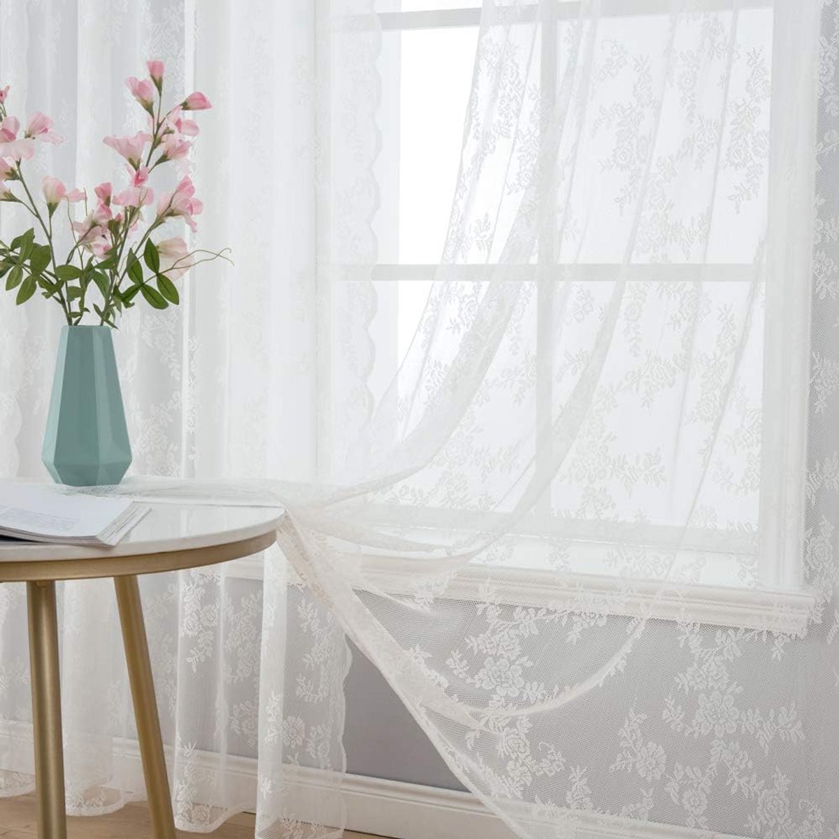 SnelShoppen - Witte Bloemen Gordijnen met Golvende Randen - 2 Stuks 140 x 225 cm - Perfect voor Slaapkamer en Woonkamer - Filtergordijnen voor Privacy