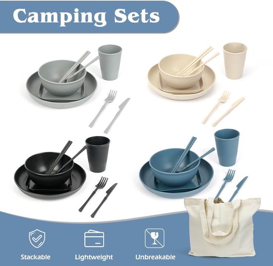 49-delige Camping Serviesset voor 4 Personen - Onbreekbaar - Met Draagtas - Lichtgewicht Picknick Servies van Merkloos — afbeelding 4